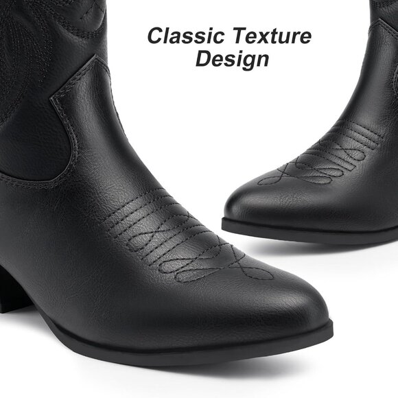 Dodow Women's Black Pointed Toe Zipper Western Cowgirl Pu Mid Calf Boots - Picture 3 of 6